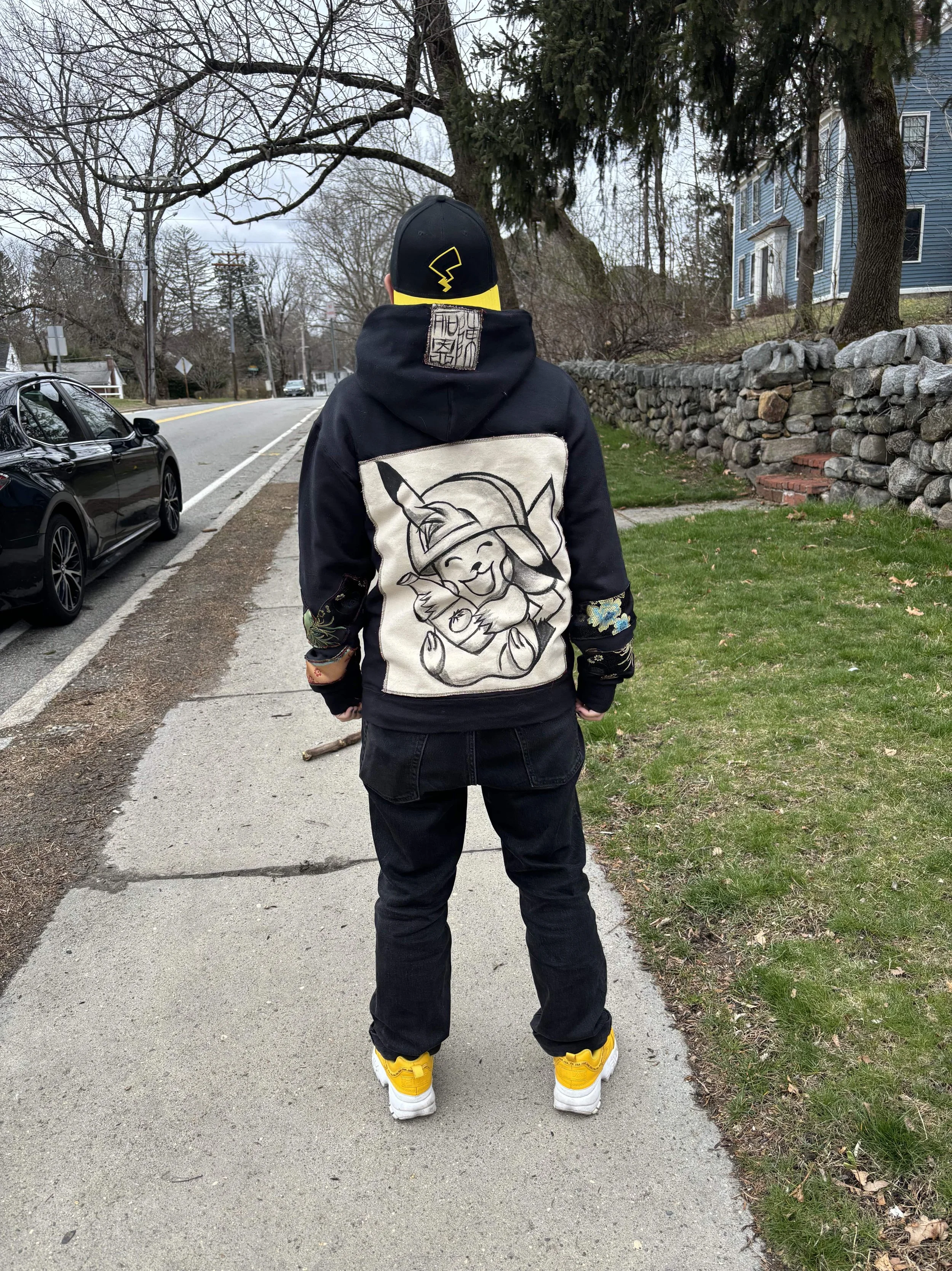 Custom Pikachu Canvas Hoodie with Silk Brocade detail
