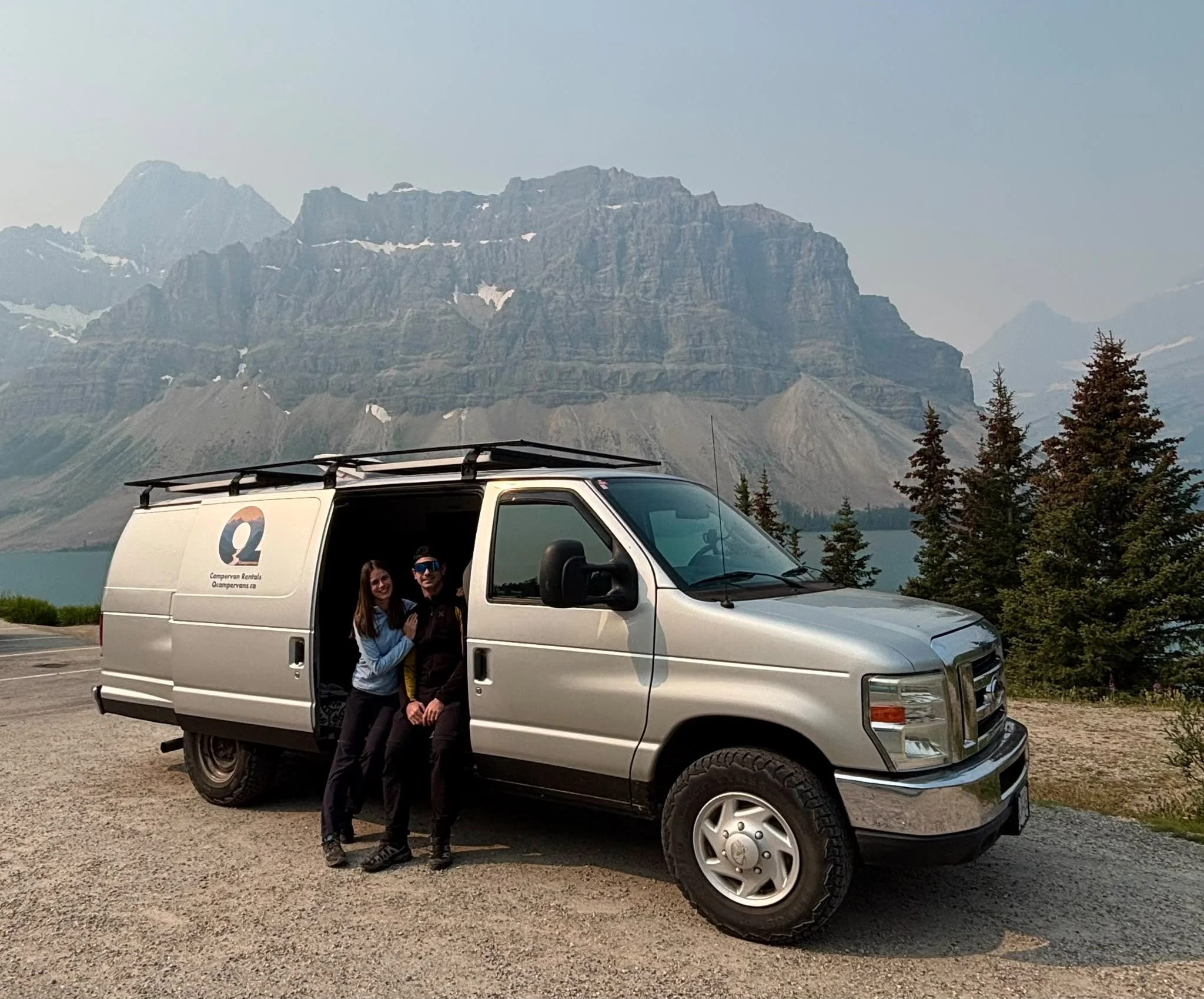 Campervan rental infront of Waterfowl Lake and Mount Chephren. Rocky mountains