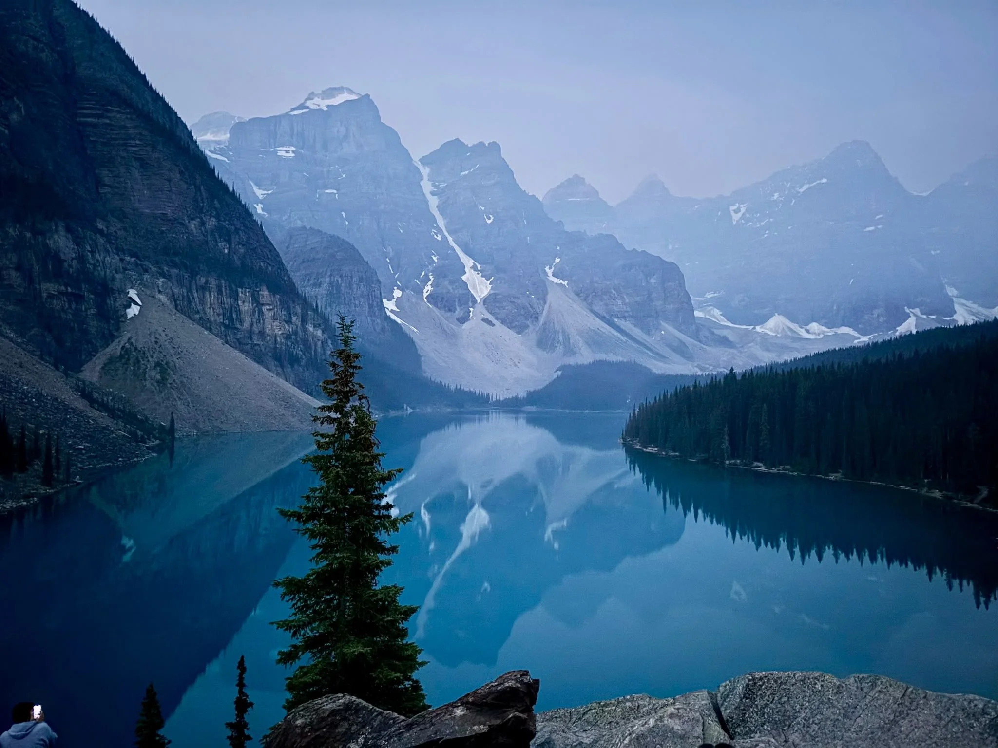 Moraine lake among the haze from the Forest fires deep in BC’s Interior