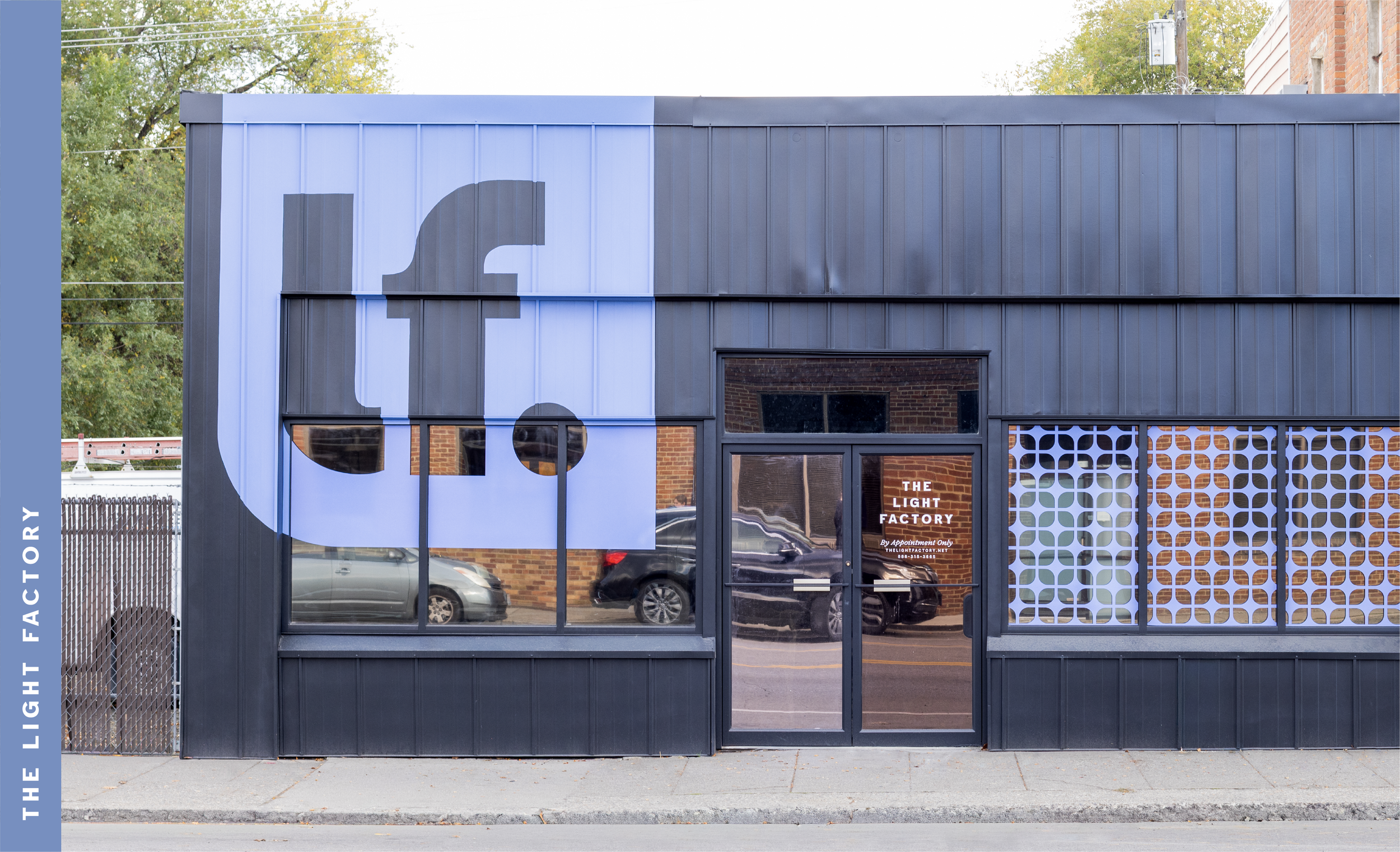 The Light Factory exterior logo mural with window pattern decals