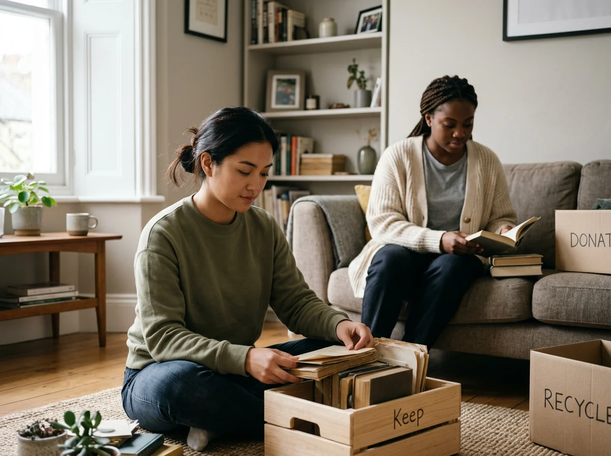 Two women in a cozy living room, one sorting books into a wooden “Keep” crate while the other reads on the couch nearby, an example of body doubling while decluttering.
