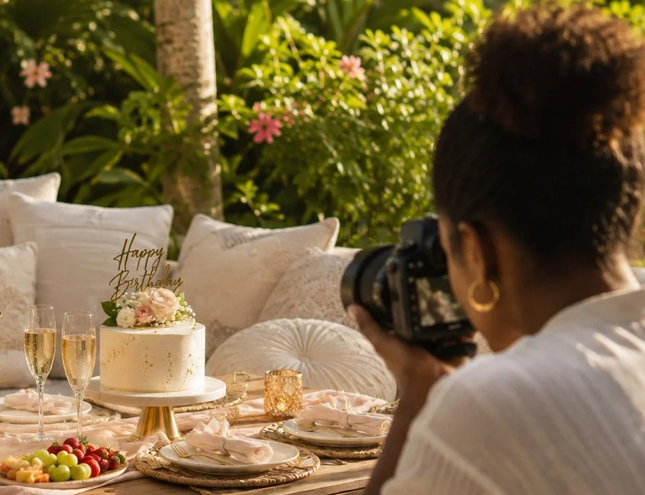 Professional photographer taking photos of picnic table setting with birthday cake at Luxe Oasis villa Ocho Rios, Jamaica