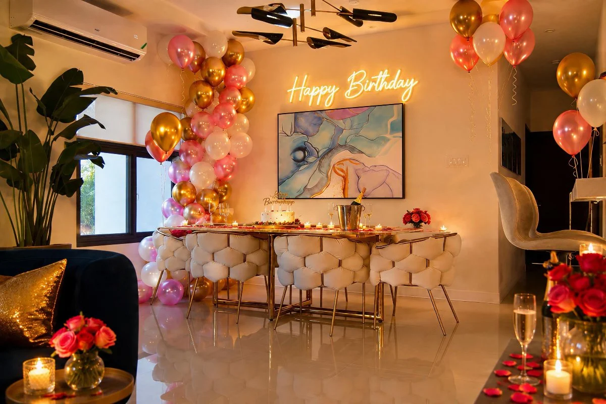 Birthday celebration décor with balloons, cake, champagne and flowers at Luxe Oasis in Ocho Rios, Jamaica.