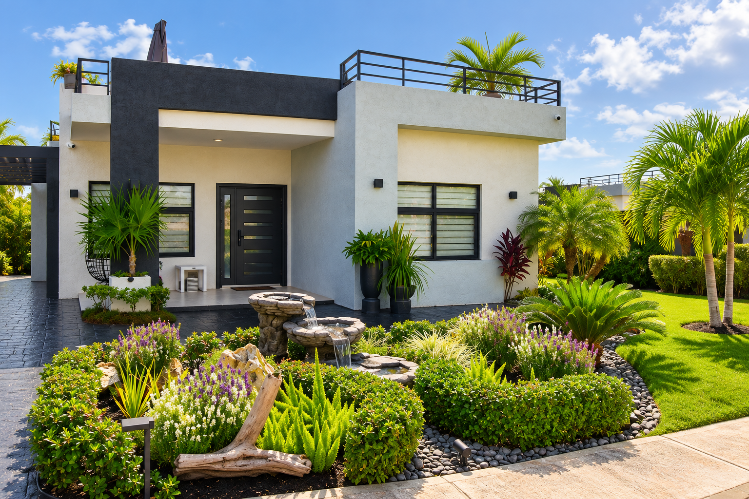 Modern Luxe Oasis private villa in Ocho Rios, Jamaica, featuring contemporary architecture, lush tropical landscaping, a decorative stone fountain and a private rooftop terrace.