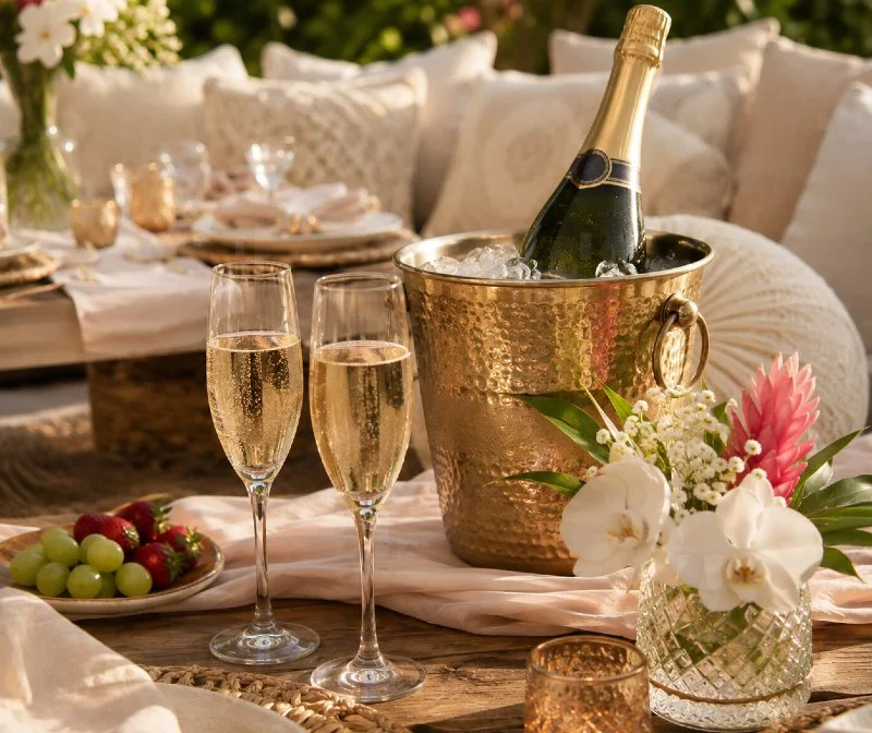 Chilled sparkling wine and champagne glasses prepared for a private picnic at Luxe Oasis in Ocho Rios, Jamaica