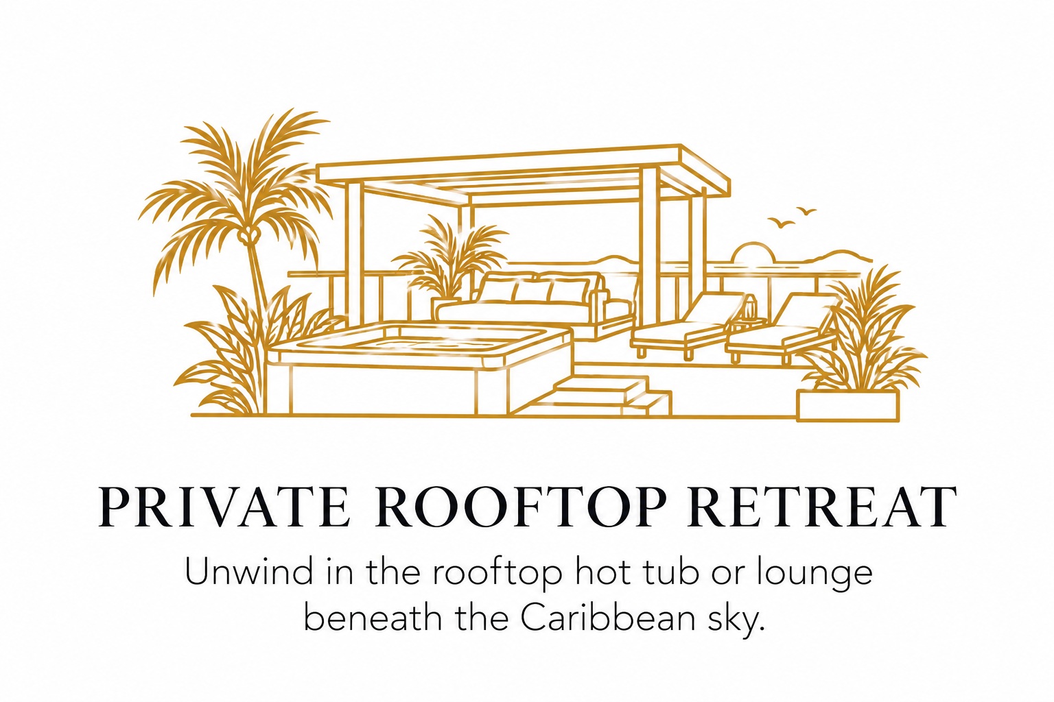 Gold line-art illustration of a private rooftop retreat featuring a hot tub, pergola, comfortable lounge seating, and tropical greenery, representing the rooftop experience at Luxe Oasis villa in Ocho Rios, Jamaica.
