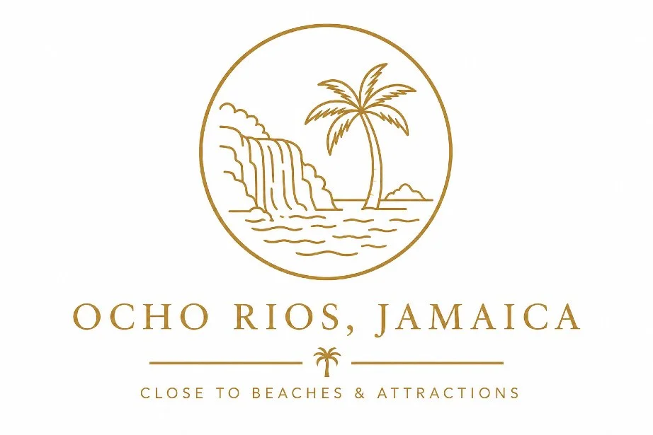 Gold illustration of a tropical waterfall and palm tree representing Luxe Oasis's location in Ocho Rios, Jamaica, near beaches and popular attractions