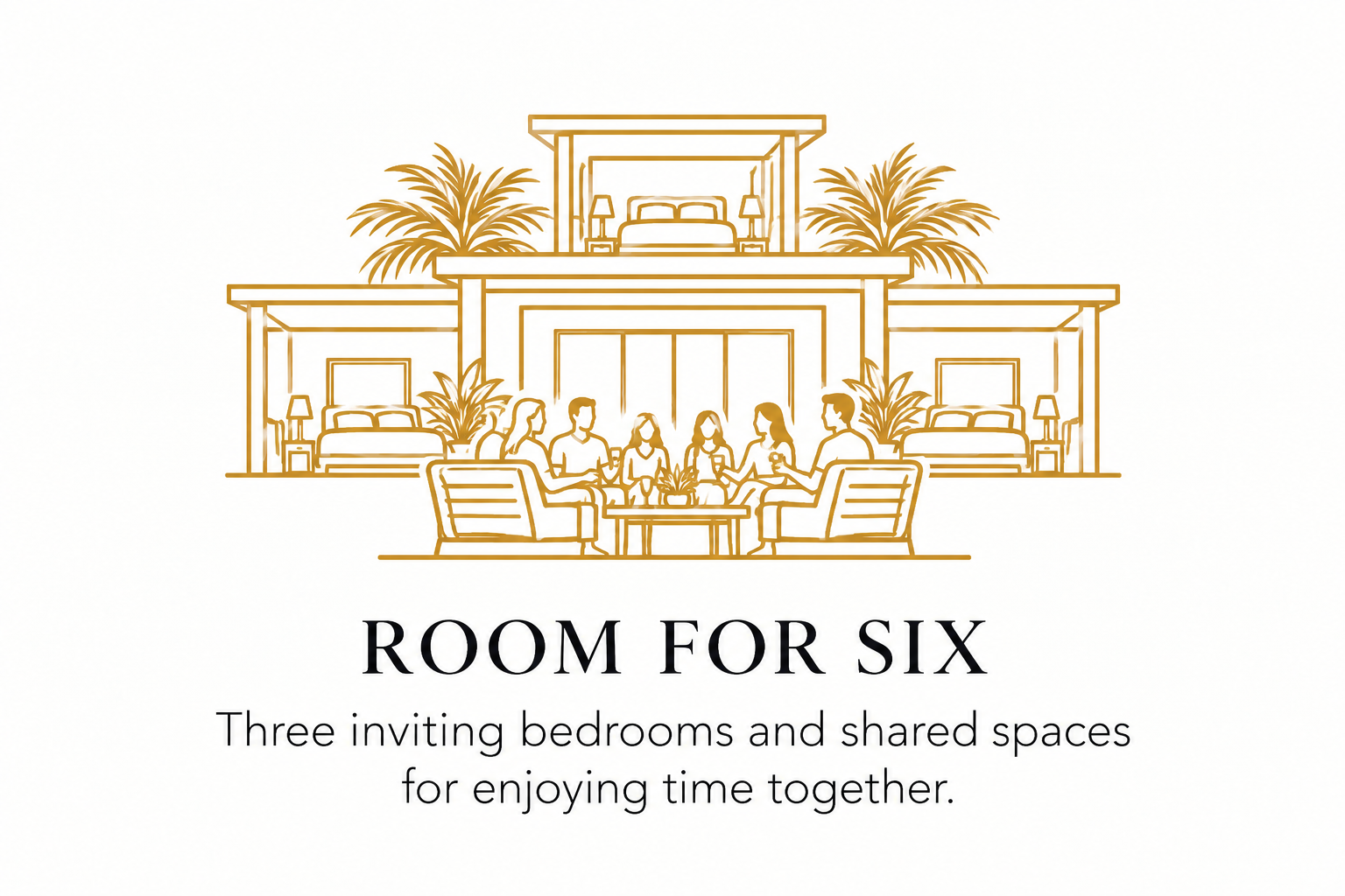 Gold line-art illustration representing the Luxe Oasis three-bedroom villa in Ocho Rios, Jamaica, with accommodation for up to six guests and shared living spaces.