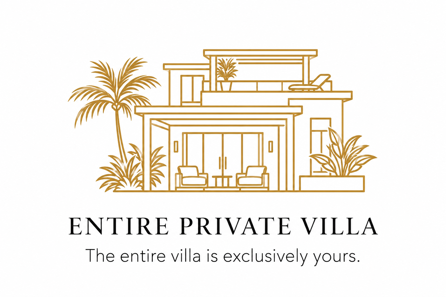 Gold line illustration of a tropical private villa with rooftop terrace and palm trees, representing exclusive villa accommodation at Luxe Oasis in Ocho Rios, Jamaica.