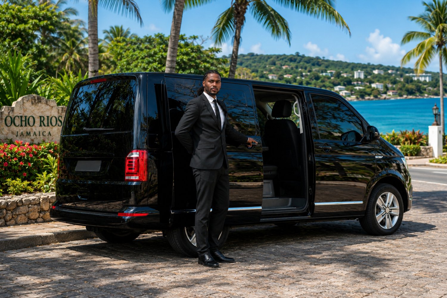 Alt Text Guests arriving at Luxe Oasis enjoy private airport transfers and luxury chauffeur services in a comfortable air-conditioned vehicle for seamless travel throughout Ocho Rios and Jamaica.