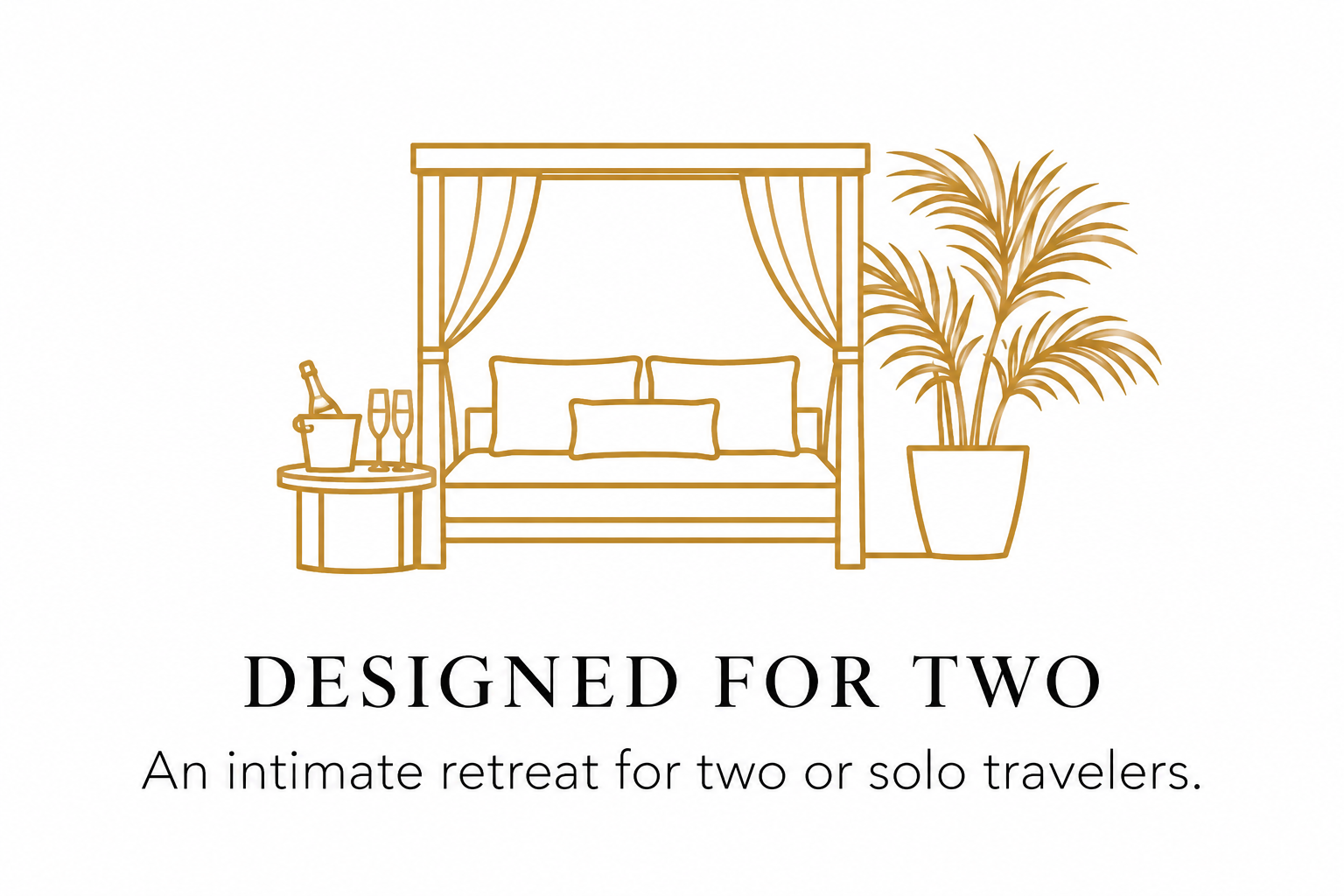 Gold line illustration of two lounge chairs beneath a parasol, representing a romantic villa retreat for couples or solo travelers at Luxe Oasis.