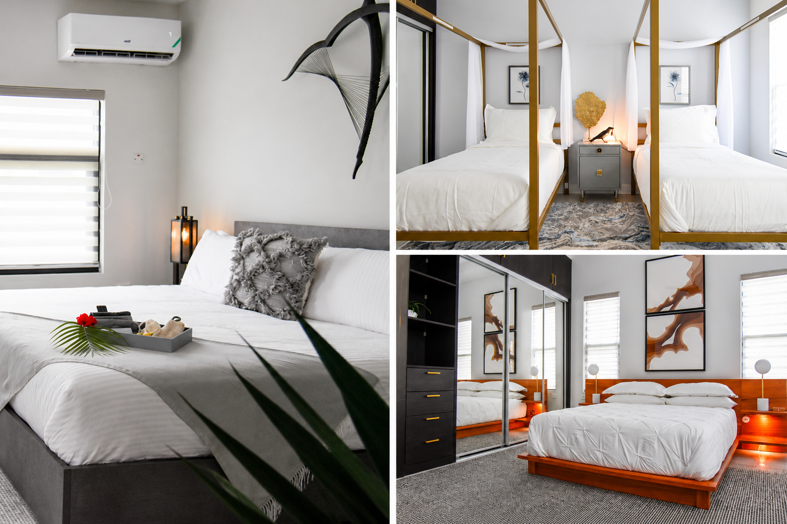 Three-bedroom collage showcasing the stylish bedrooms at Luxe Oasis private villa in Ocho Rios, Jamaica, featuring a contemporary gray bedroom, twin gold canopy beds, and a modern bedroom with warm wood furnishings and elegant decor
