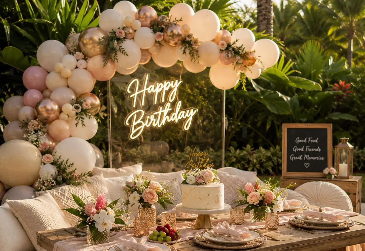 Birthday celebration picnic with balloons, cake and personalized décor at Luxe Oasis in Ocho Rios, Jamaica