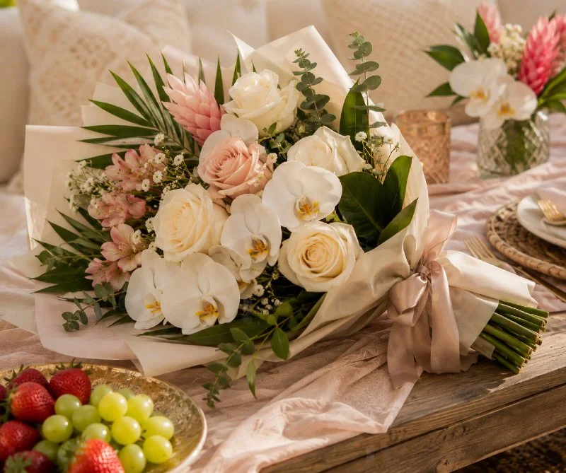 Fresh tropical floral bouquet for a private picnic at Luxe Oasis in Ocho Rios, Jamaica