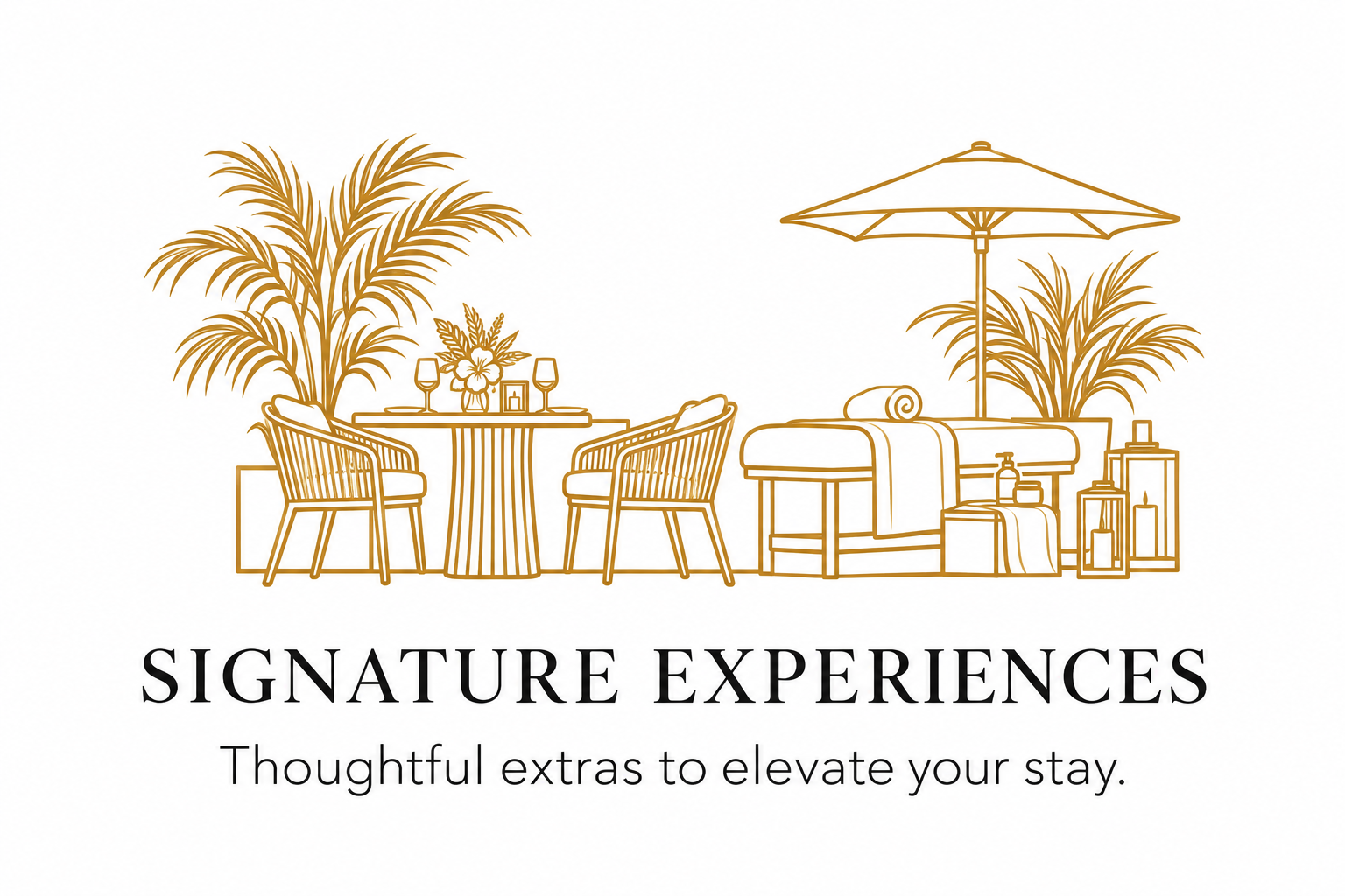 Gold line illustration of private dining and spa massage arrangements, representing signature vacation experiences available at Luxe Oasis in Jamaica.