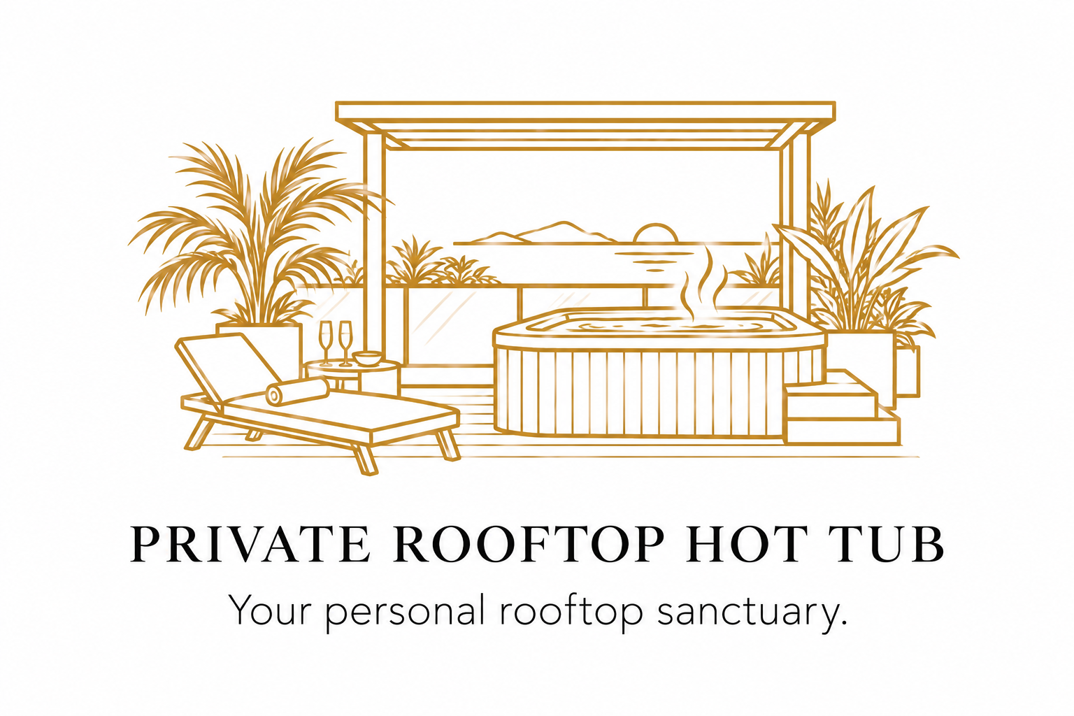 Gold line illustration of an above-ground rooftop hot tub with tropical plants, pergola, and lounge seating at Luxe Oasis in Ocho Rios, Jamaica