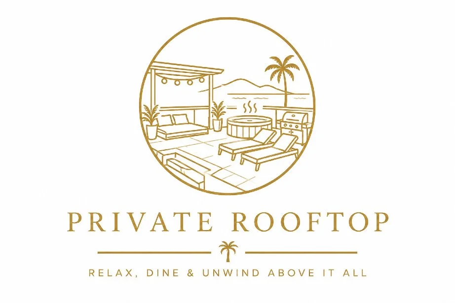 Gold illustration of Luxe Oasis's private rooftop terrace in Ocho Rios, Jamaica, featuring a hot tub, lounge chairs, daybed and BBQ grill