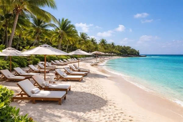 Tropical beach in Ocho Rios, Jamaica, with clear Caribbean waters, sandy shoreline, and lush coastal vegetation.
