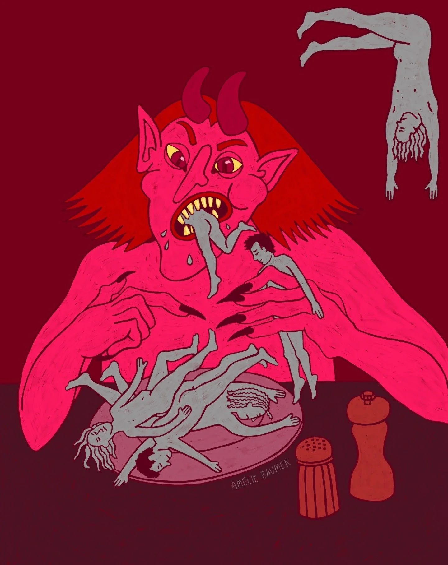 Ein teuflischer Kreatur mit roten Haaren, großen Zähnen und Hörnern isst Menschenfleisch an einem Tisch, dazu Salz- und Pfefferstreuer auf dem Tisch. Illustration von Amelie Baumer, Illustrator Illustratorin aus Nürnberg. Freiberuflicher Illustrator 
