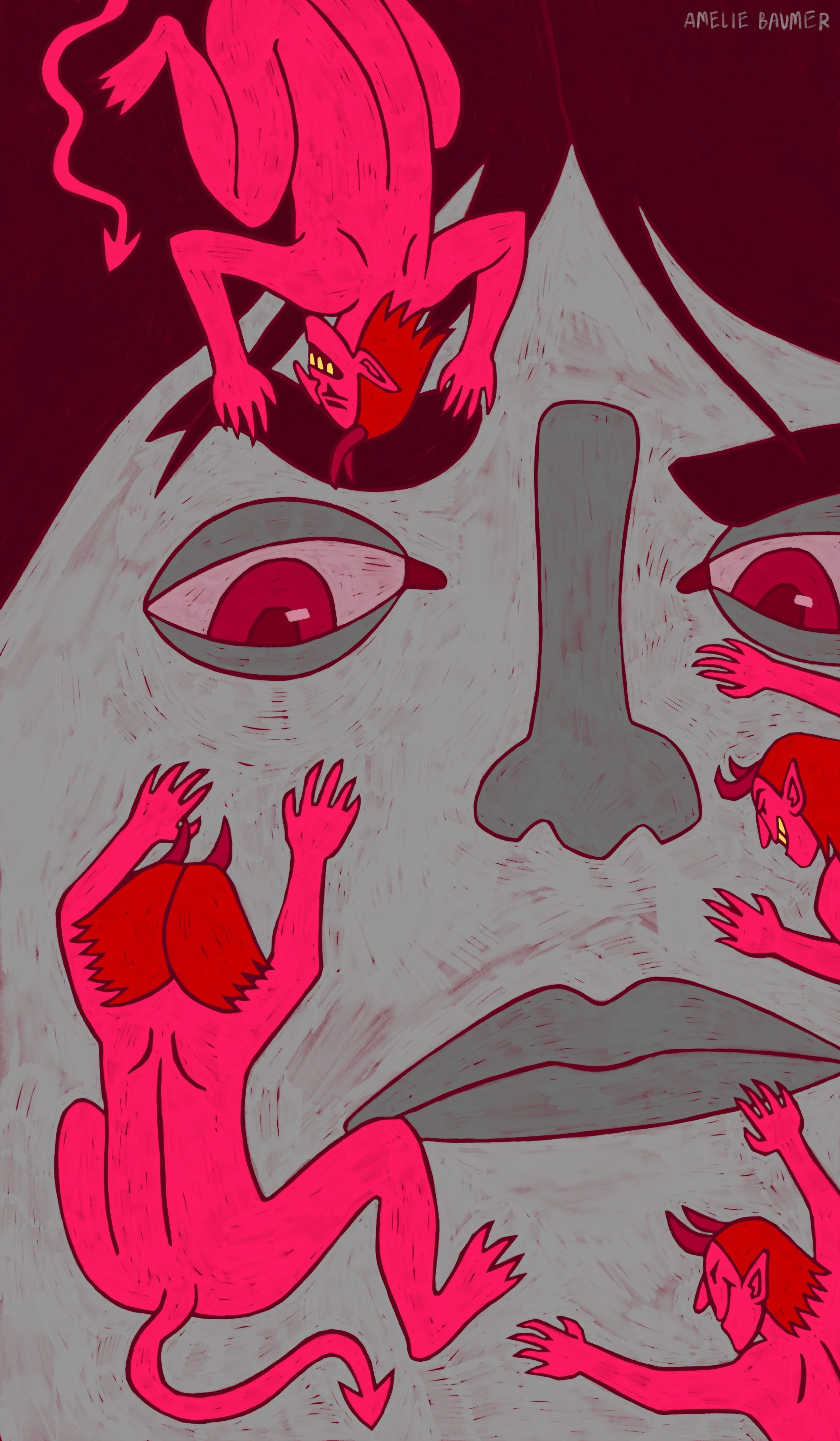 Pinke Teufel krabbeln frech einer steinernen grauen Person im Gesicht herum. Großaufname. Die Person ist unglücklich. Illustration von Amelie Baumer, Illustrator Illustratorin aus Nürnberg. Freiberuflicher Illustrator freiberufliche Illustratorin Bay
