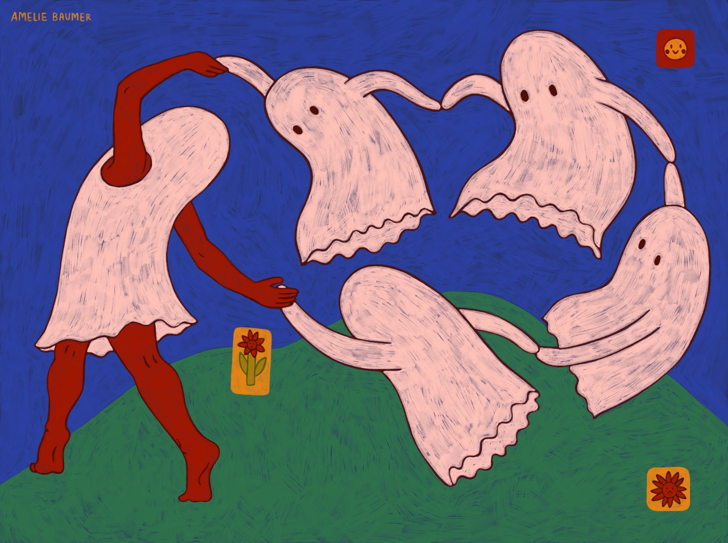 Illustration angelehnt an Martisse. Vier Geister tanzen im kreis und halten sich gegenseitig an den Händen. Eine Person, die als Geist verkleidet ist, ist auch dabei. Die Person hat rote Haut und trägt auch ein Laken. Der Himmel ist blau und die Wies