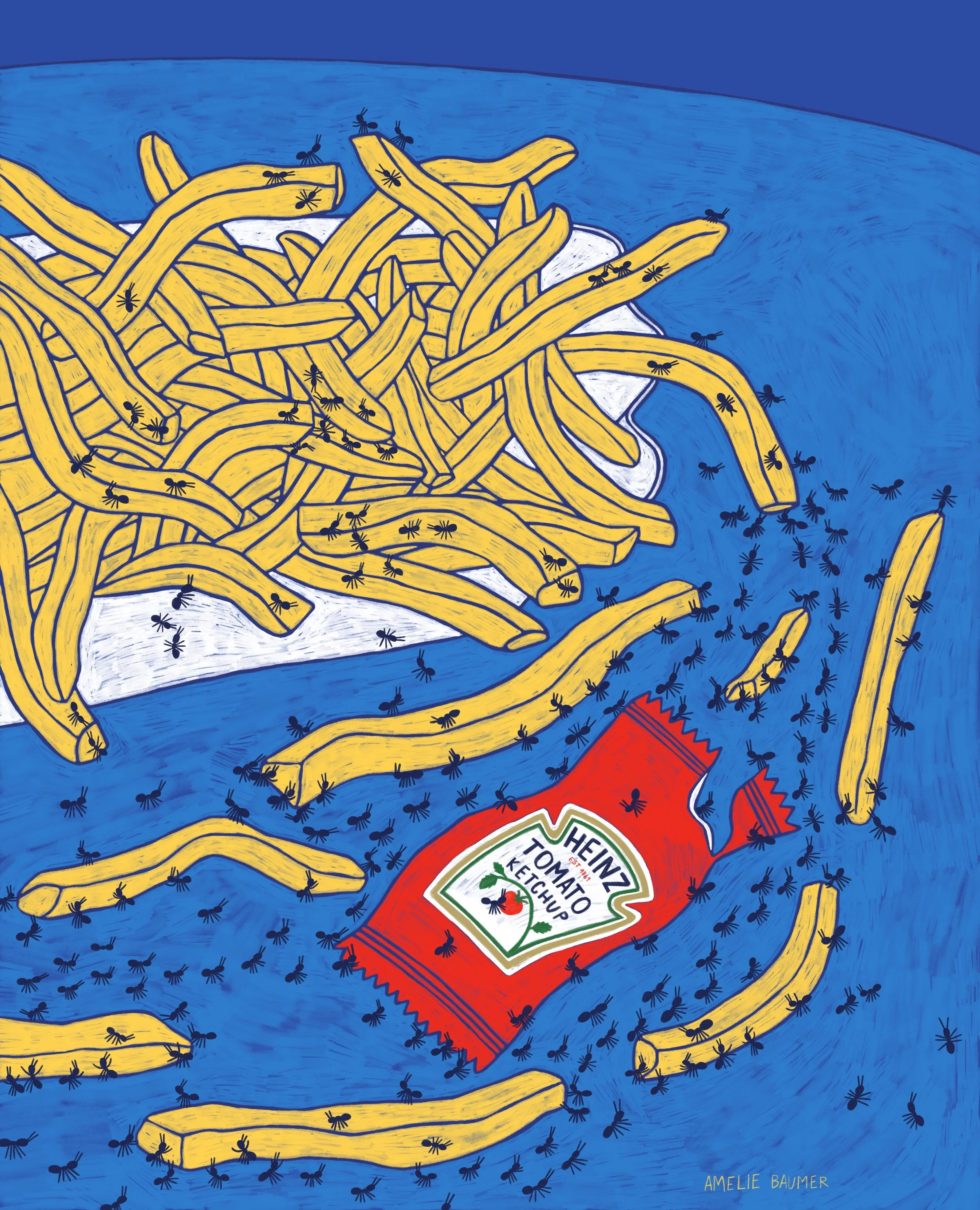 eine Bunte Illustration vieler schwarzer Ameisen, die Pommes aus einer Papp Schale klauen. Sie klauen ebenfalls eine rote Packung Heinz Ketchup. Der Hintergrund ist blau. Illustration von Amelie Baumer, Illustrator Illustratorin aus Nürnberg. Freiber