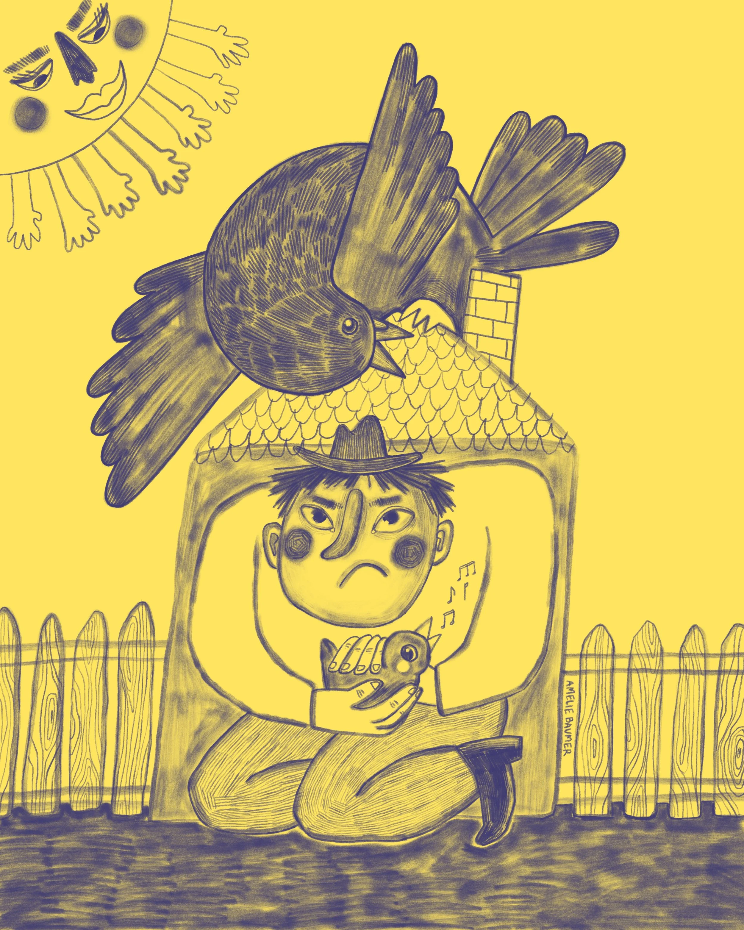 Die Taube auf dem Dach sagt Ach! Bunte Illustration von Amelie Baumer mit gelbem Hintergrund und blauem Strich. Ein Mann mit Hut sitzt in einem kleinen haus. Er hält einen kleinen Vogel in der Hand, der singt. Auf dem Dach sitzt eine riesige Taube, d