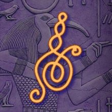 Ancient Egyptian-style engraving with abstract orange symbol overlay.