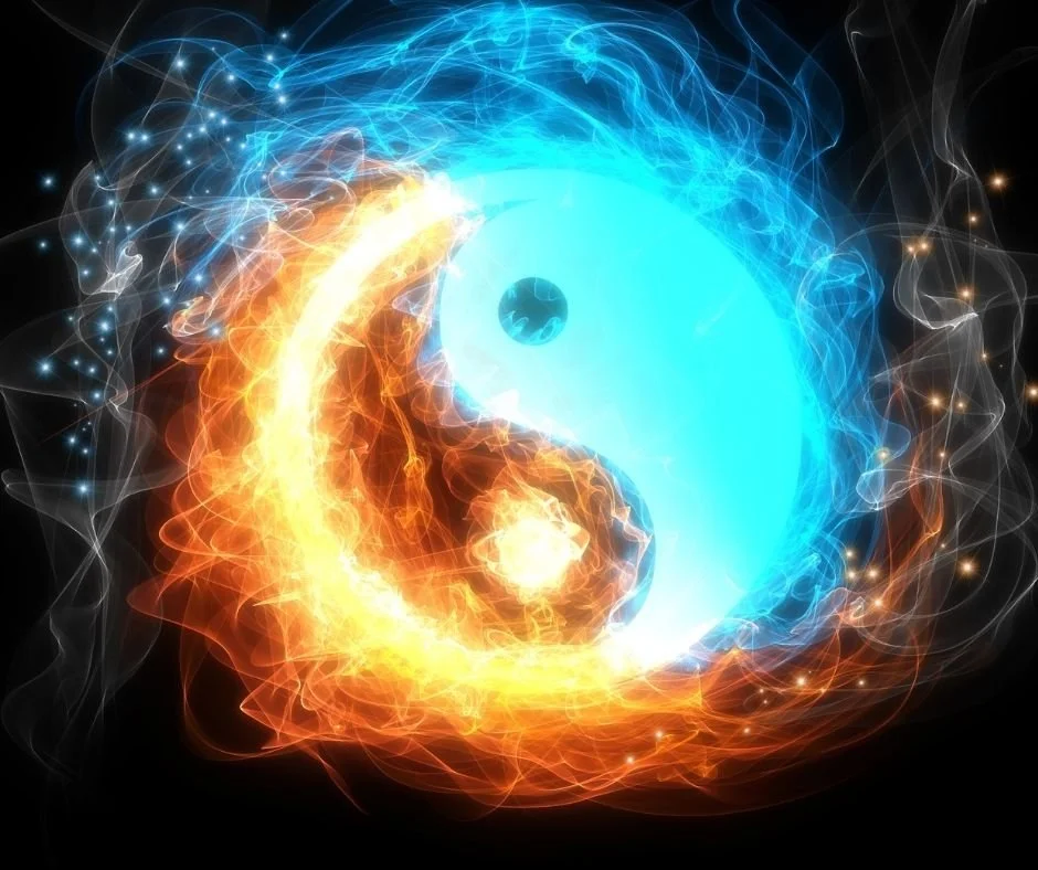 Fiery and icy yin-yang symbol with glowing energy effects