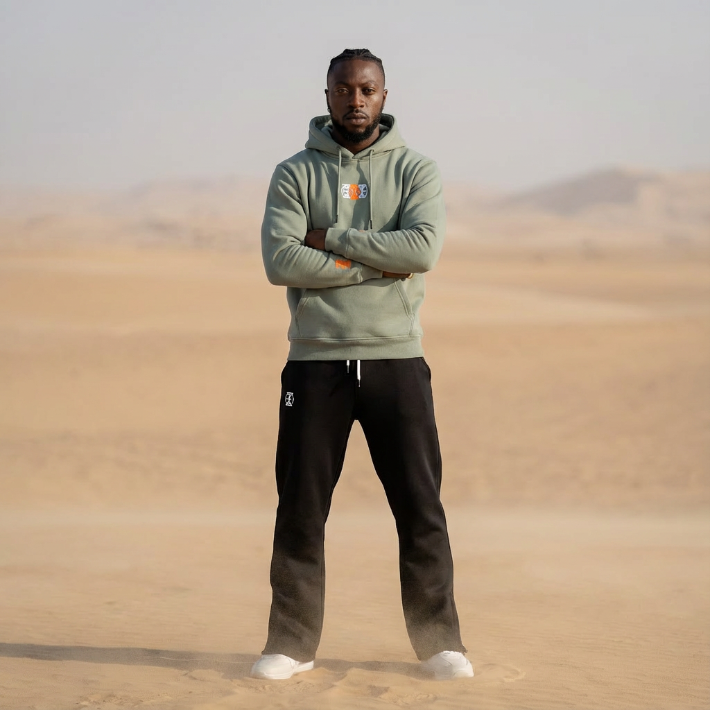 A man standing with arms crossed in a desert landscape, wearing a gray hoodie, black pants, and white shoes.