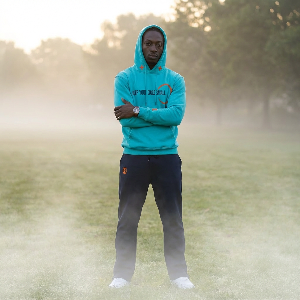 A young man standing outdoors on grass, wearing a teal hoodie with the hood up and black pants, with trees and fog in the background.