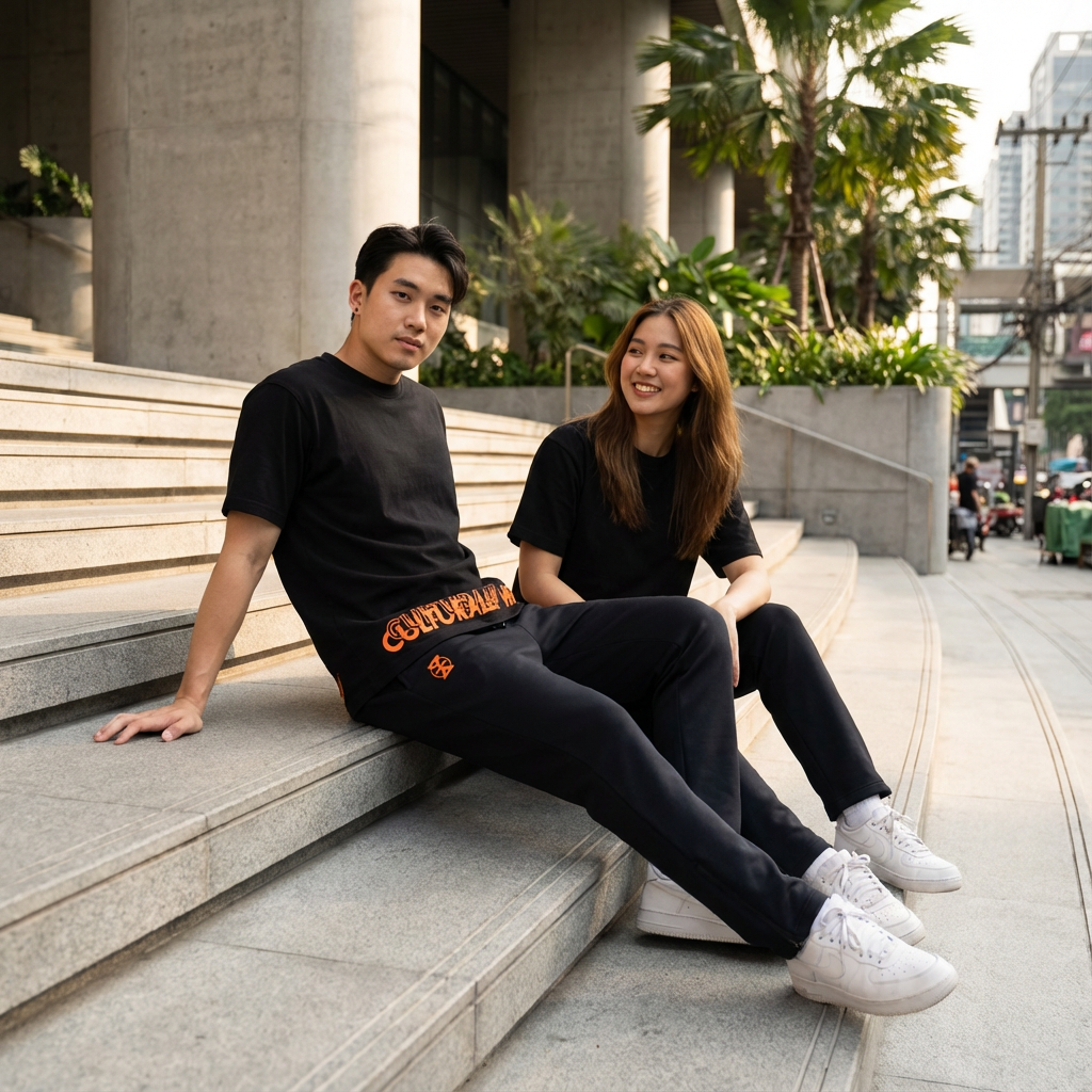 A young man and woman sitting on outdoor stone stairs with city buildings, trees, and street activity in the background.