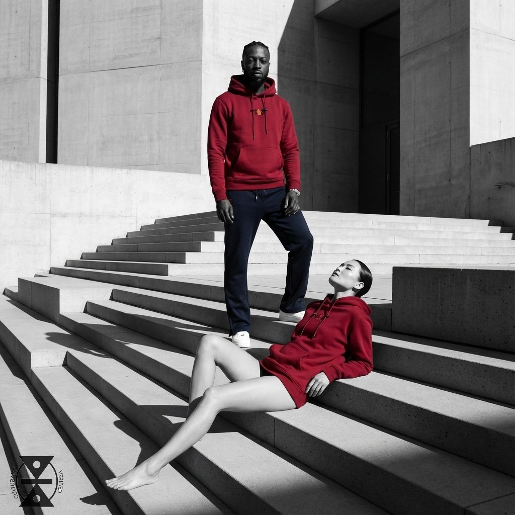 A man in a red hoodie standing on concrete stairs and a woman in a red hoodie sitting on the stairs, with the woman looking up at the man. The image has a black and white background with the exception of the clothing, which is in color.