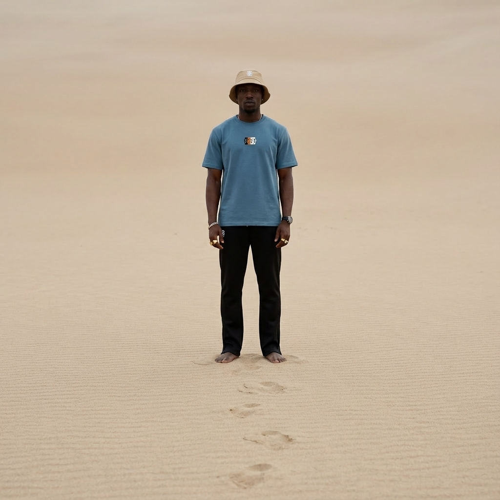 A man stands barefoot in the middle of a desert, facing the camera, with footprints trail behind him. He is wearing a blue t-shirt, black pants, a beige hat, and accessories on his wrists and fingers.