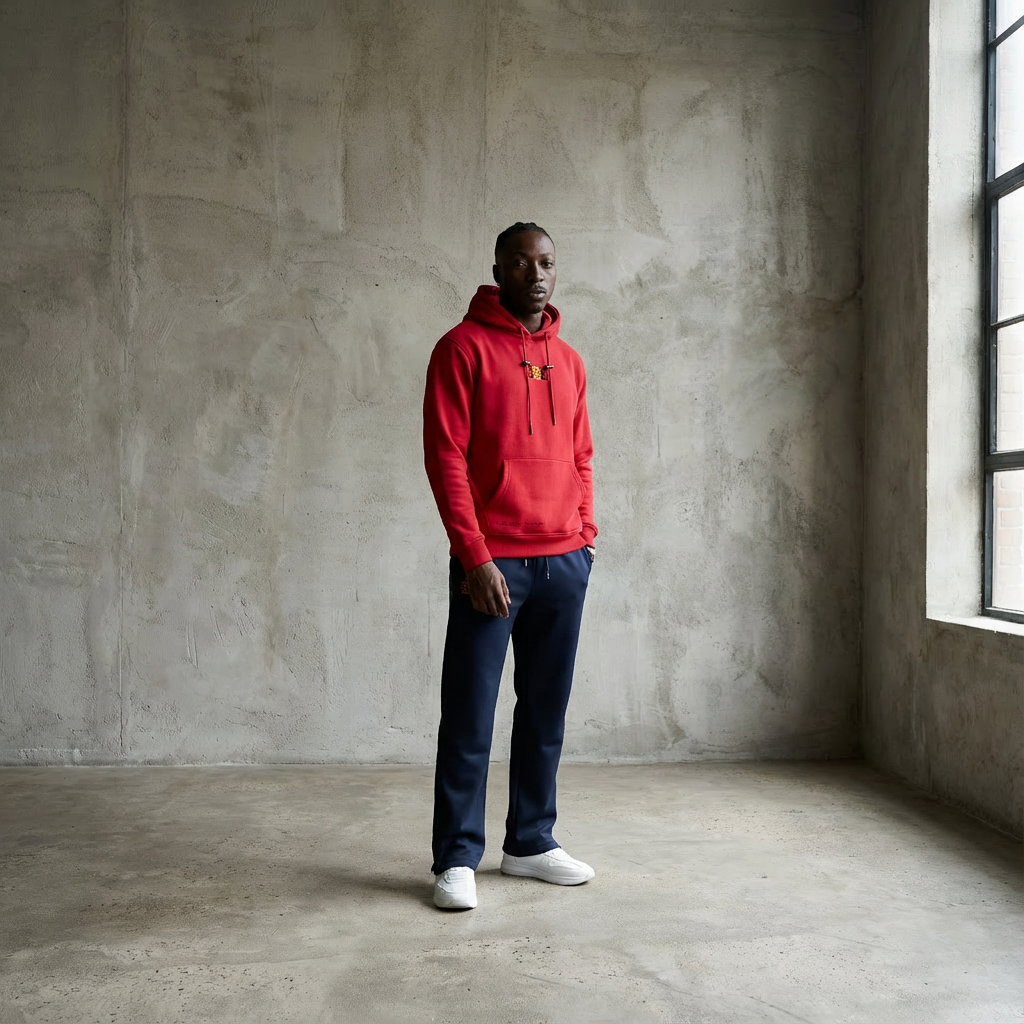 A man standing in an empty room with concrete walls and floor, wearing a red hoodie, navy pants, and white sneakers, near a window.