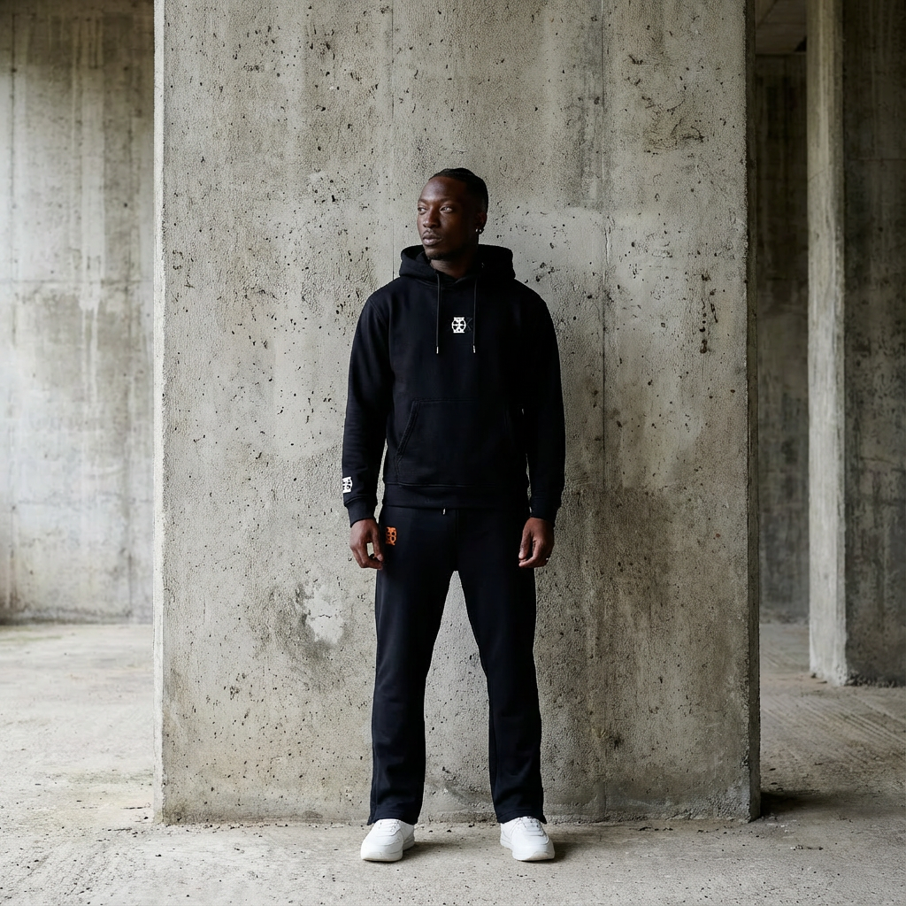 A man standing against a concrete wall in an unfinished building, wearing a black hoodie, black pants, and white sneakers.