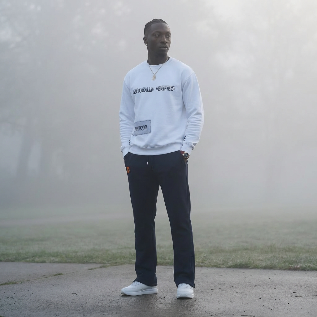 A young man with dark skin and braided hair stands outdoors on a foggy day, wearing a white sweatshirt with text, dark pants, white sneakers, and a gold chain.