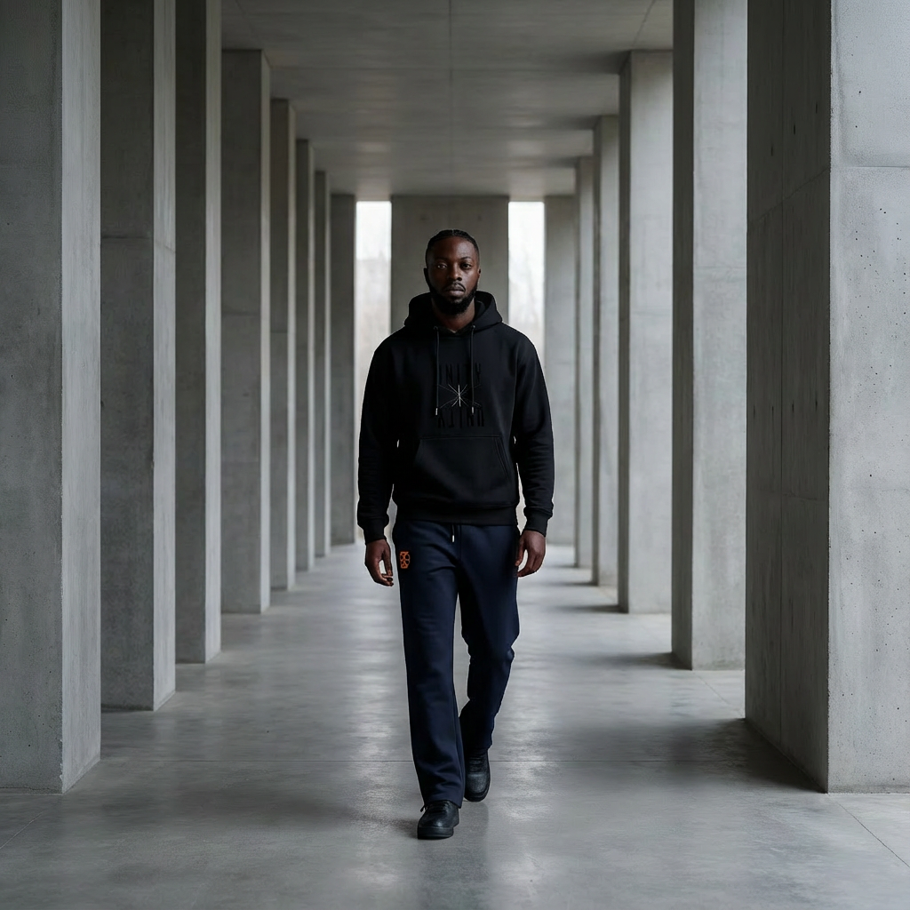 A man walking through a concrete corridor with tall pillars on each side, wearing a black hoodie and dark pants.