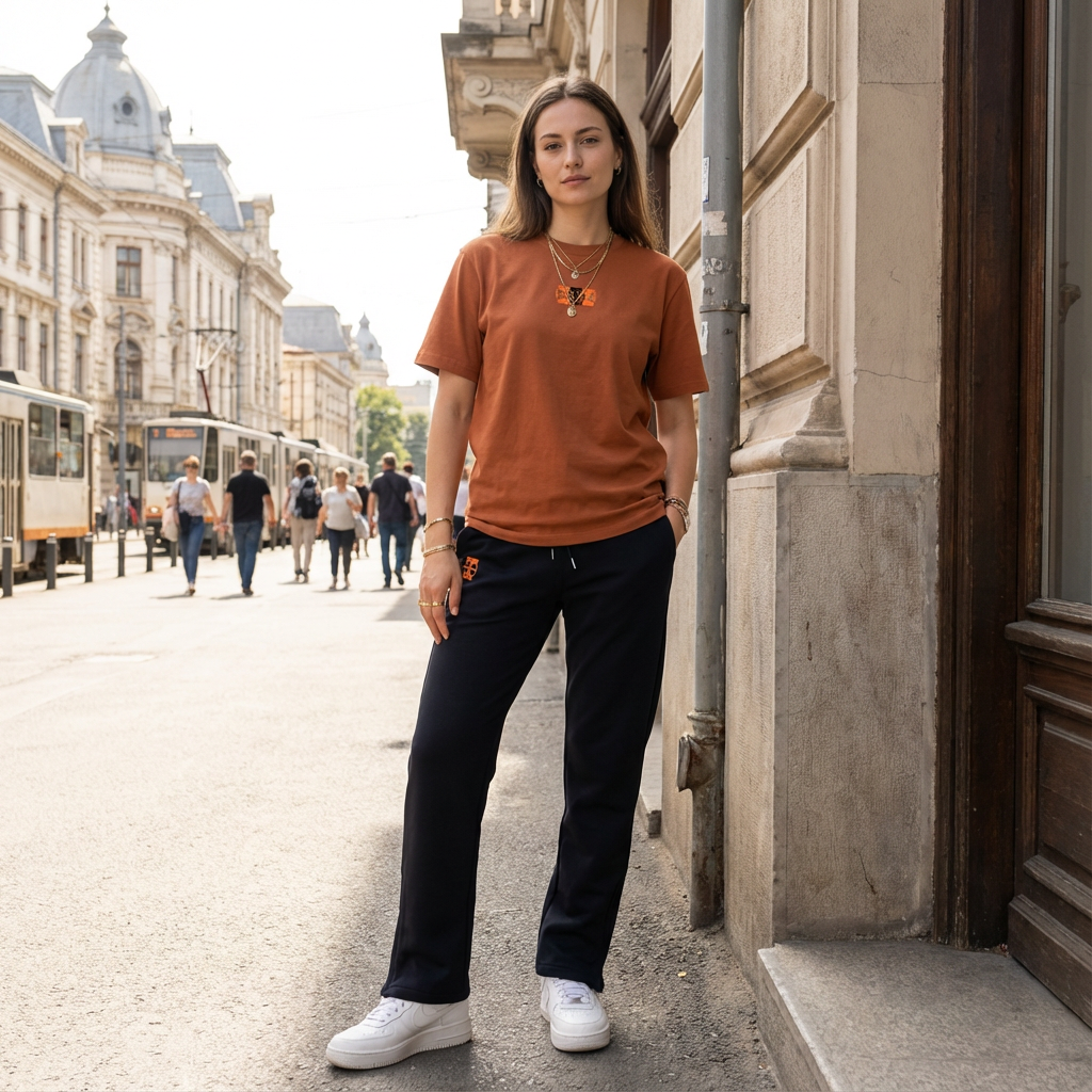 Young woman standing on a city sidewalk, wearing a brown t-shirt, dark pants, and white sneakers, with buildings and pedestrians in the background.