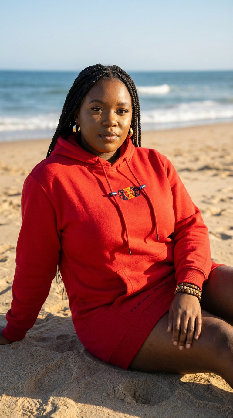 A woman in a red hoodie sitting on the sandy beach with the ocean and sky in the background.