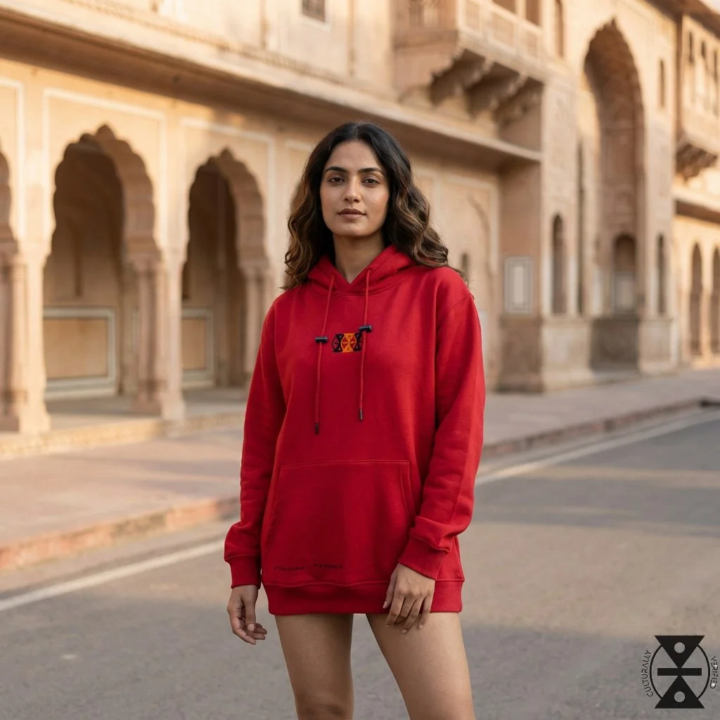 A woman wearing a red hoodie standing on a street in front of historic architecture with arches and detailed stonework.