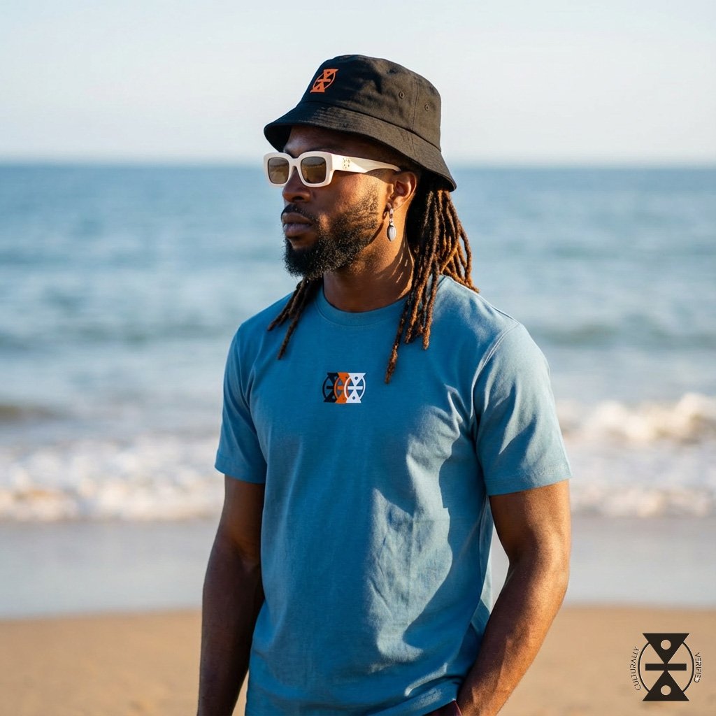 A man with long dreadlocks, wearing a black bucket hat with an orange logo, white sunglasses, a blue t-shirt with a small logo on the chest, and earrings, standing on a beach with the ocean and sky in the background.