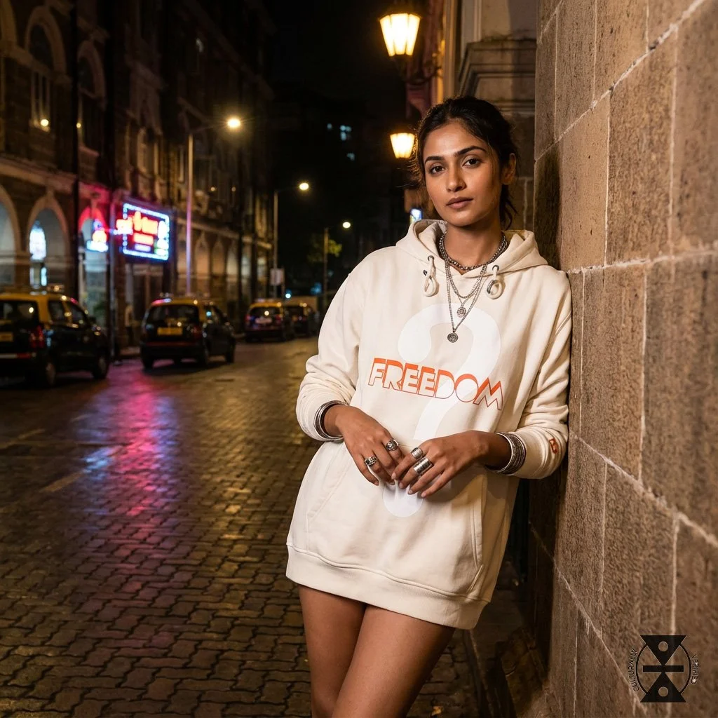A young woman leaning against a brick wall on a dimly lit city street at night, wearing a beige hoodie with the word "FREEDOM" and a question mark printed on it, accessorized with rings and necklaces.