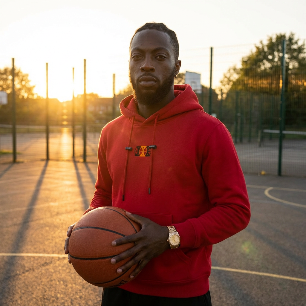 A man in a red hoodie holding a basketball on an outdoor basketball court at sunset.