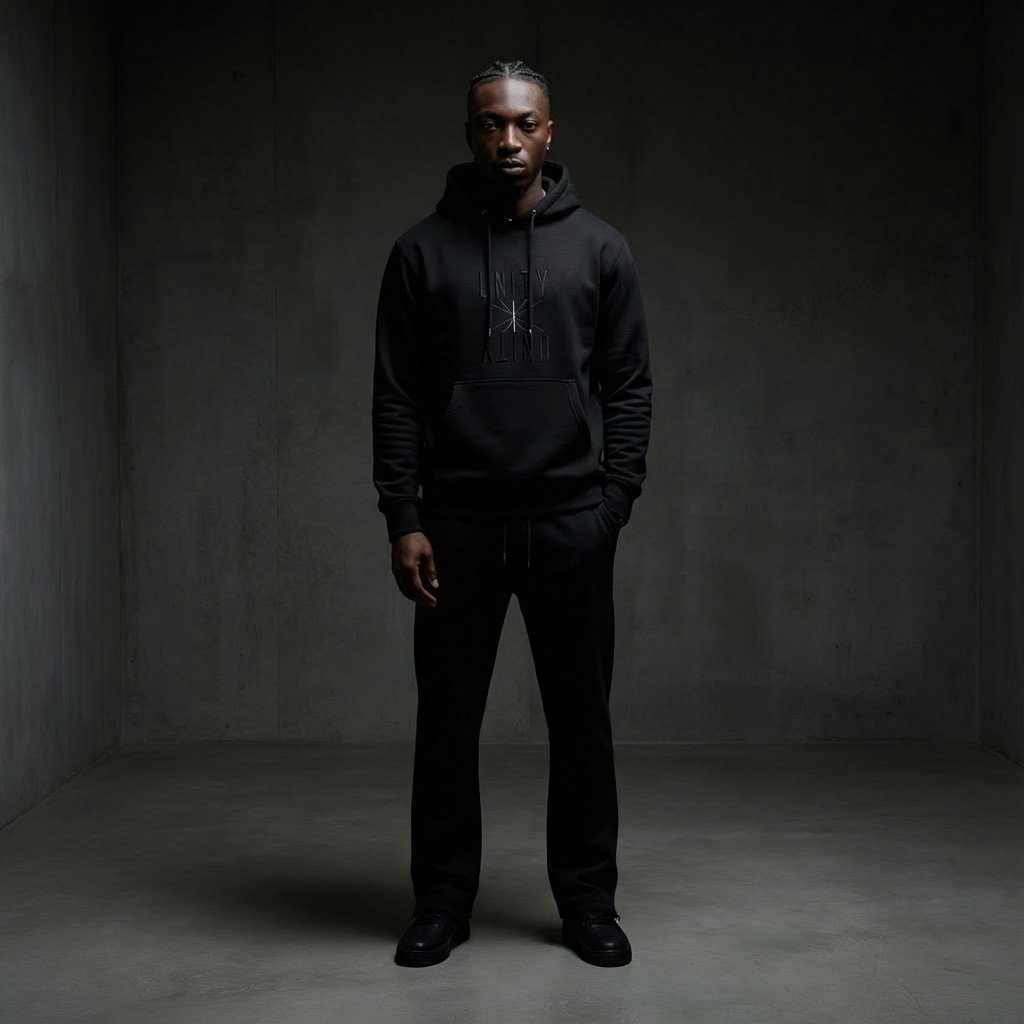 A man standing in a dimly lit concrete room, wearing a black hoodie and black pants.