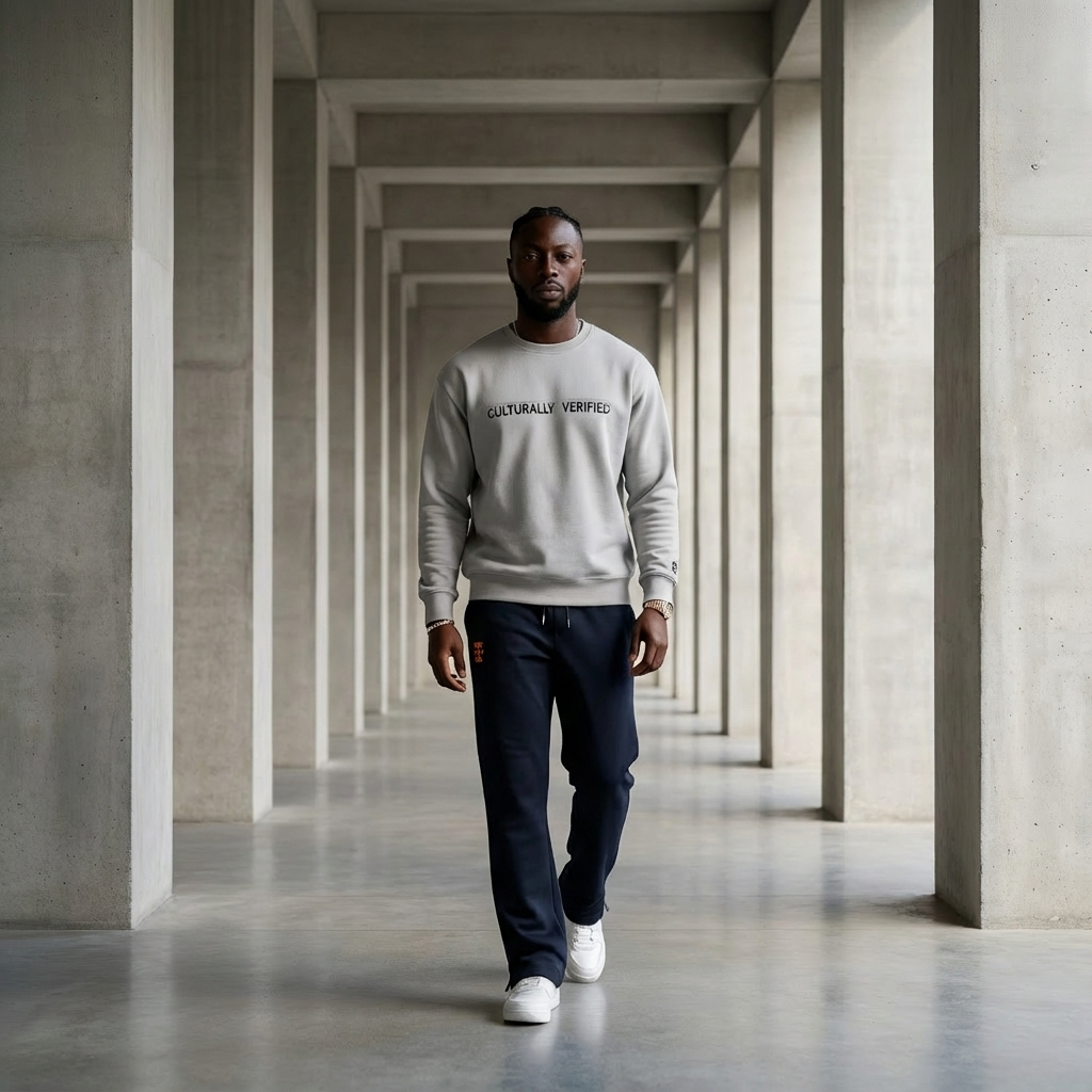 A man walking through a concrete corridor with geometric arches, wearing a grey sweatshirt that says 'CULTURALLY VERIFIED,' black sweatpants, and white sneakers.