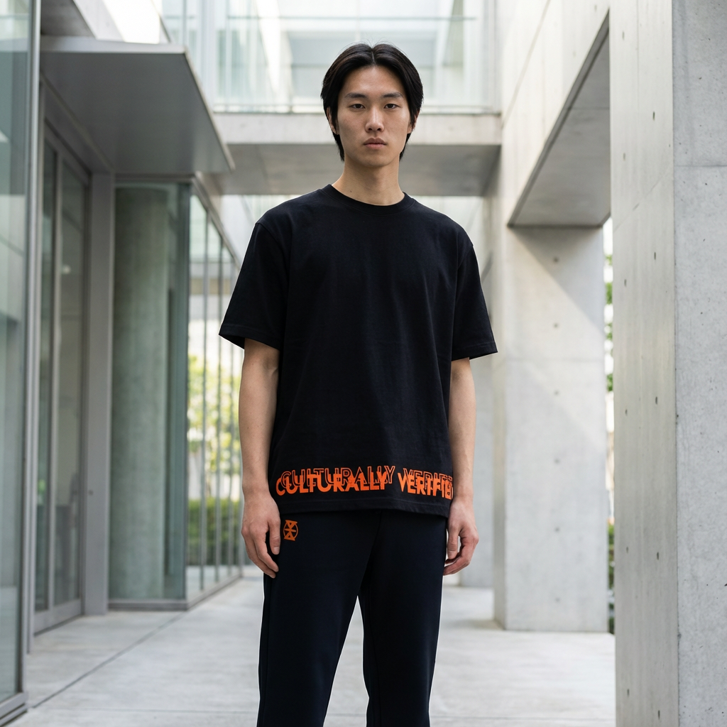 Young man standing outdoors next to glass and concrete buildings, wearing a black T-shirt with red text and black pants.