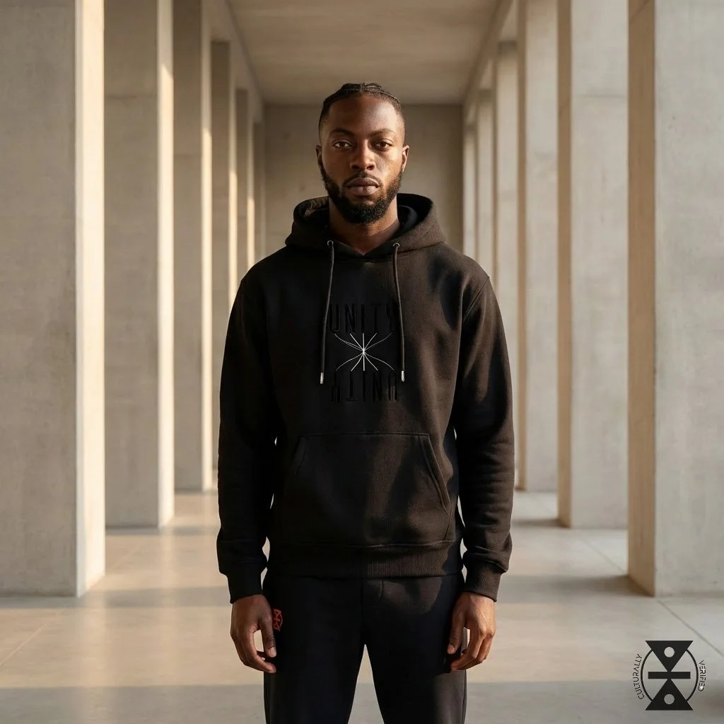 A man with a beard and braided hair wearing a black hoodie and black pants standing in a modern building corridor with concrete walls and wooden beams.