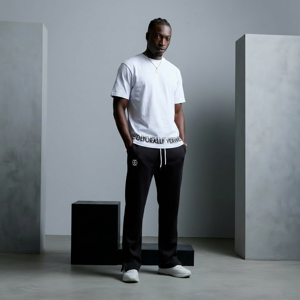 A young man in casual streetwear standing with hands in pockets in front of a minimalist backdrop with geometric blocks. He wears a white T-shirt, black pants, and white sneakers.