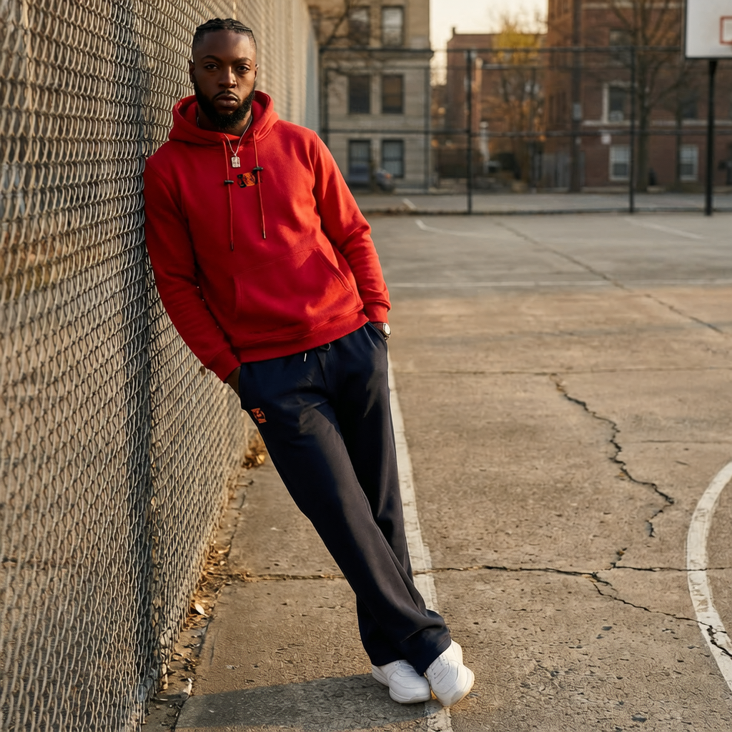 Man leaning against chain link fence on outdoor basketball court at sunset, wearing a red hoodie, black track pants, and white sneakers.